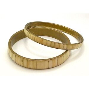 Vintage Brass Tone Bangle Bracelets Set of 2 with Cream Stone Inlay